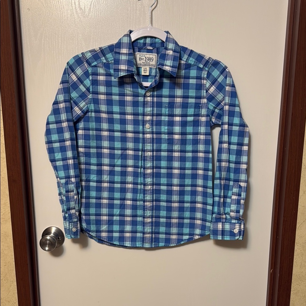 The Children’s Place Boy’s Blue Plaid Button-Up Shirt Large 10/12